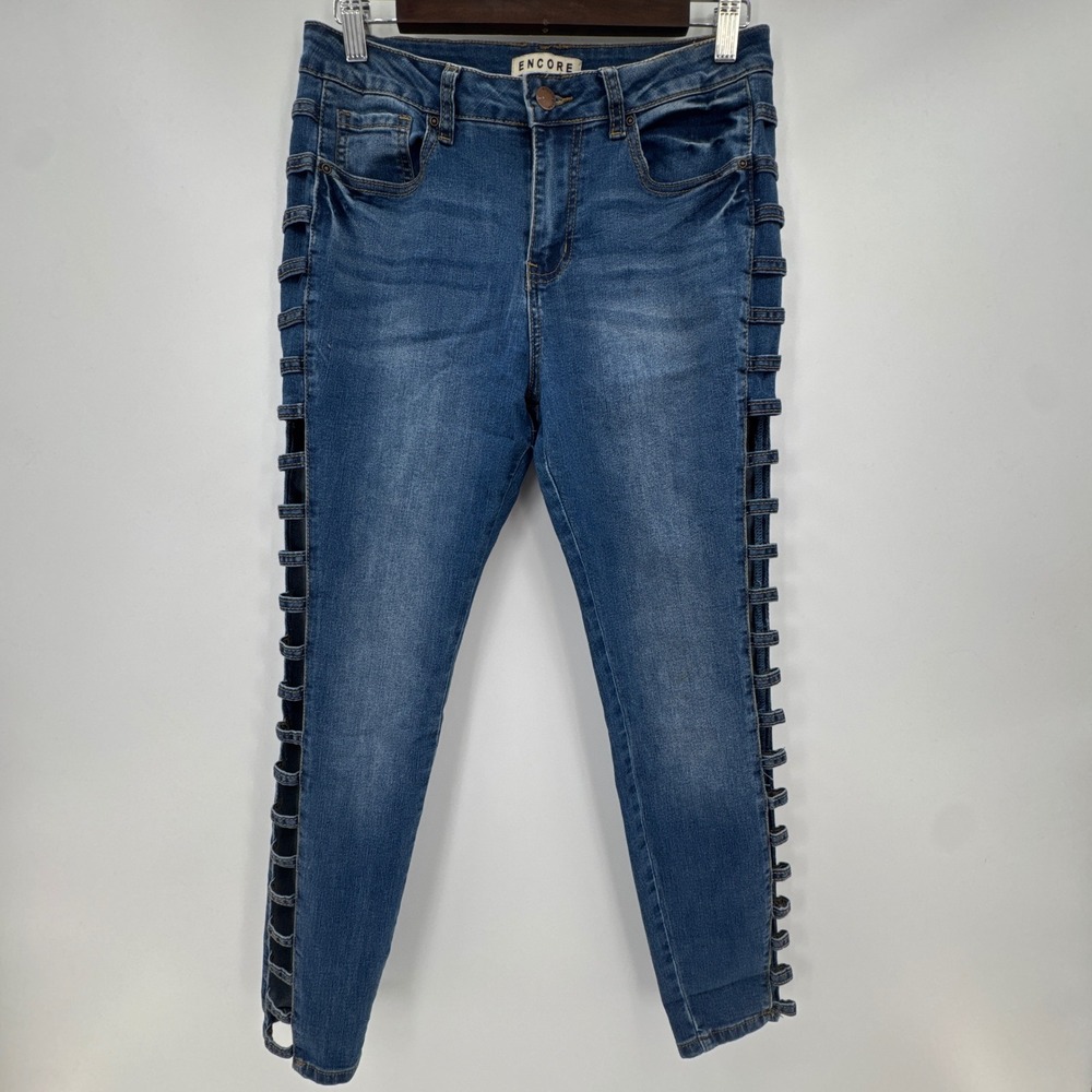Encore Side Cutout Ladder Skinny Jeans Womens 11 Blue Denim Mid Rise Medium Wash